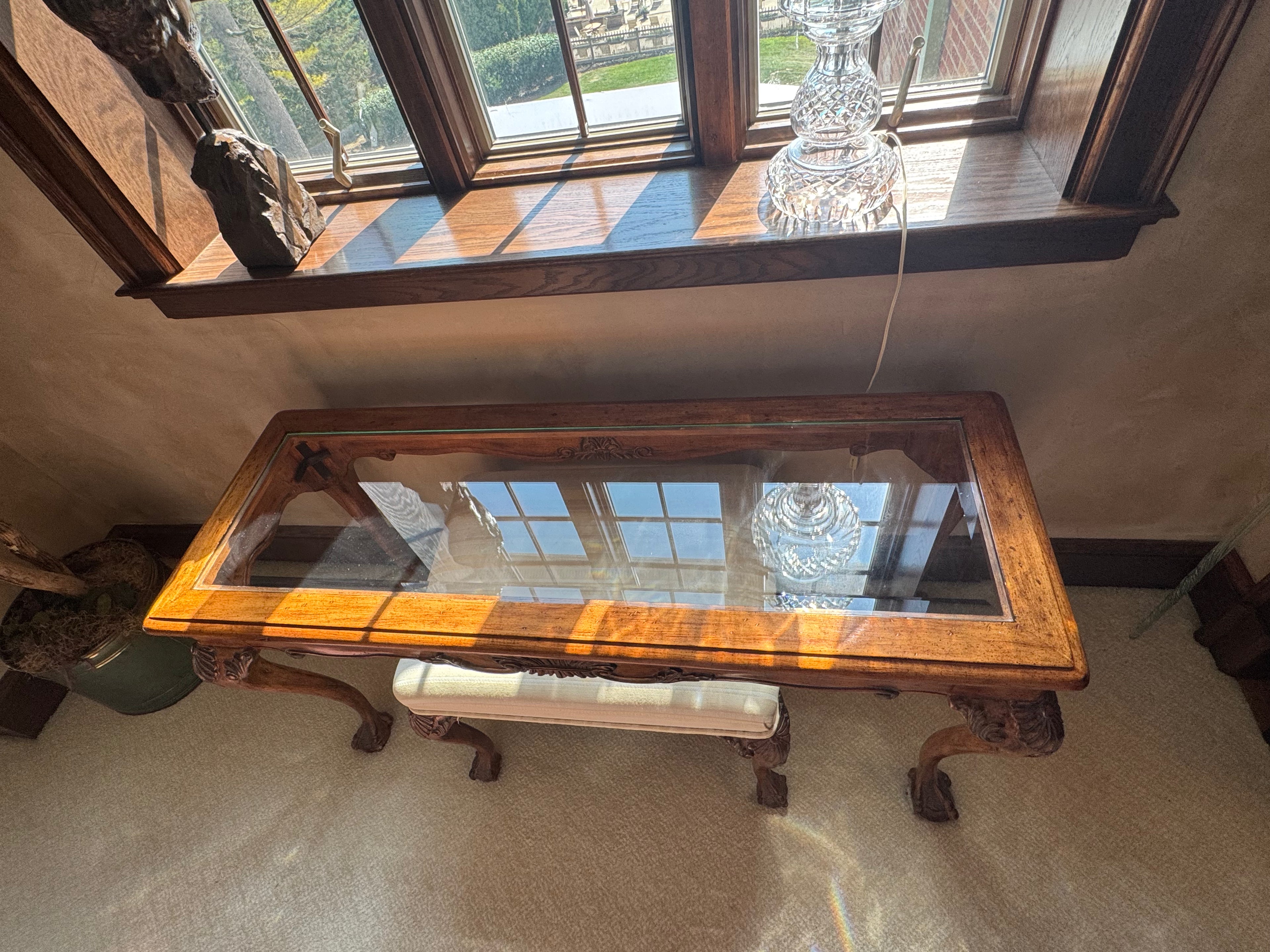 Chippendale Style Glass Top Console Table w/ Bench