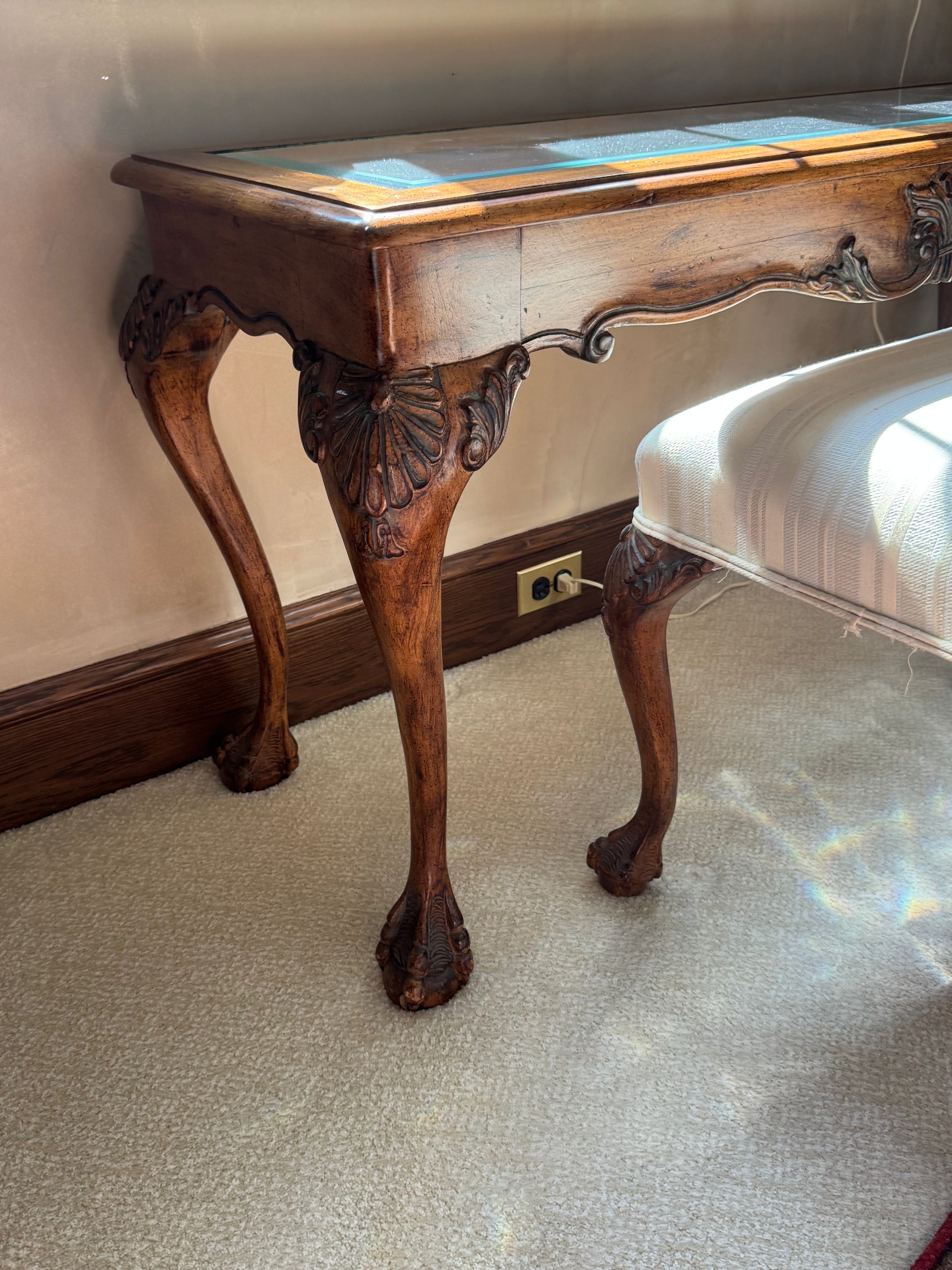 Chippendale Style Glass Top Console Table w/ Bench