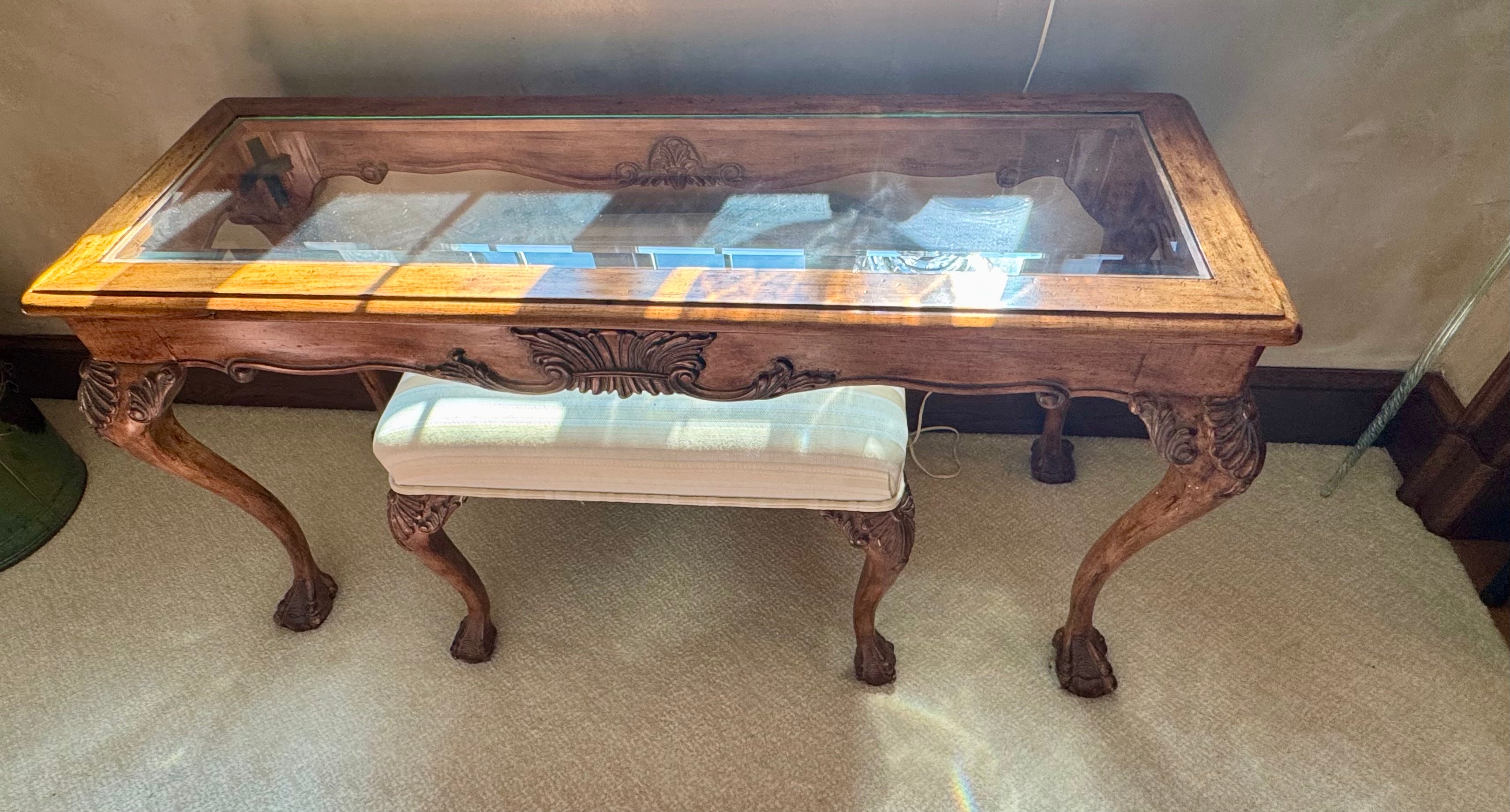 Chippendale Style Glass Top Console Table w/ Bench